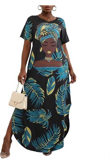 Black Women Short Sleeve V-Neck Maxi Dress African Melanin Girl Print Casual Floral Long Dresses