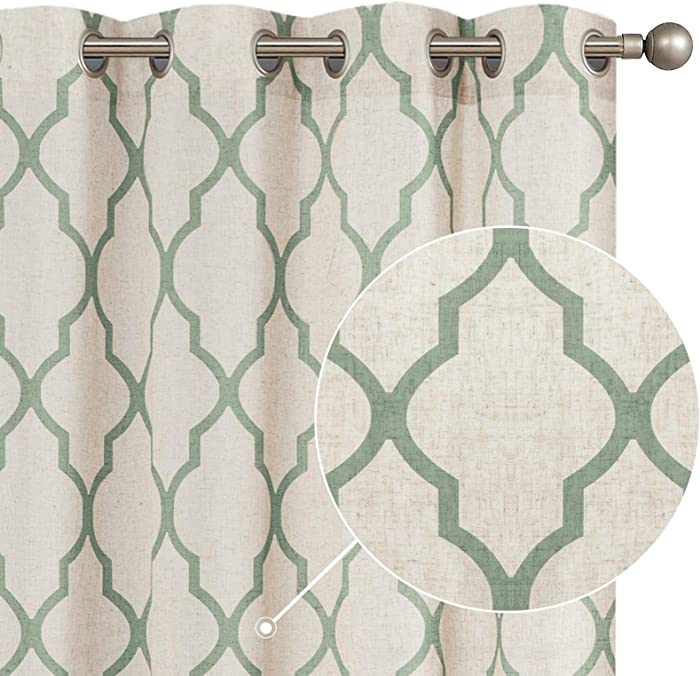 JINCHAN Moroccan Tile Print Curtains for Living Room Grommet Quatrefoil Flax Linen Blend Drapery Light Reducing Geometry Lattice Window Treatment Set for Bedroom 2 Panels 50" W x 54" L Sage on Beige