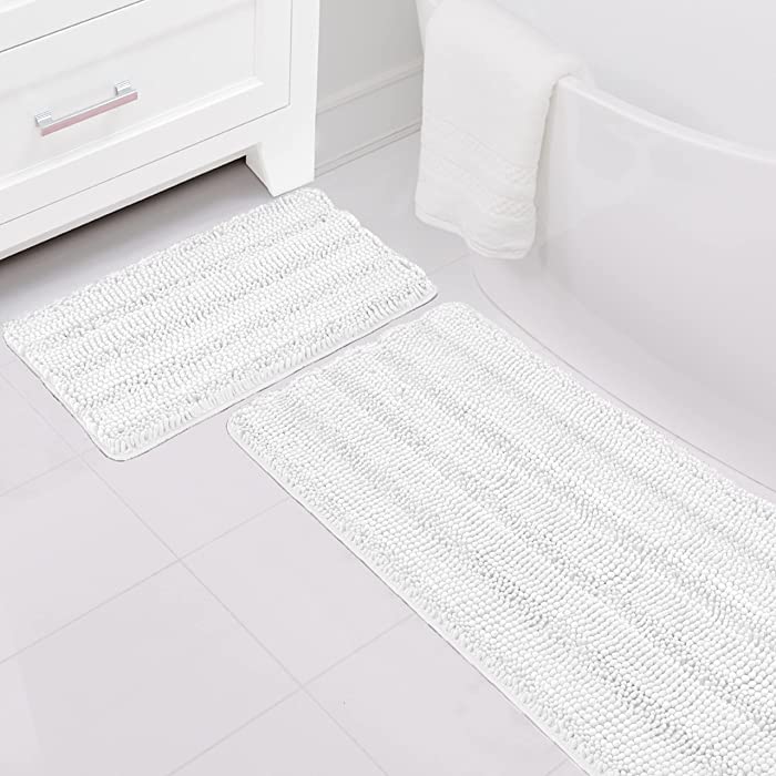 Set of 2 Luxury Chenille Striped Bathroom Rug By lalaLOOM, 17x24 and 36x24, Thick Absorbent Bath Rugs, Soft Washable Bathmats, Microfiber Dries Quickly, Home Décor Mats for Shower Bathtub Floor, White