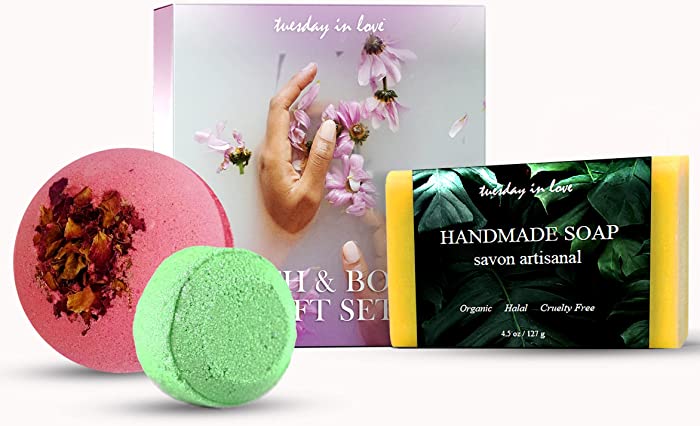 Tuesday in Love All-Natural Bath Gift Set - Variety Pack of Handmade Bath Bomb, Shower Steamer and Organic Soap Bar - Halal Certified, Organic, Vegan, and Cruelty Free (Multi-Scented: Set 2)