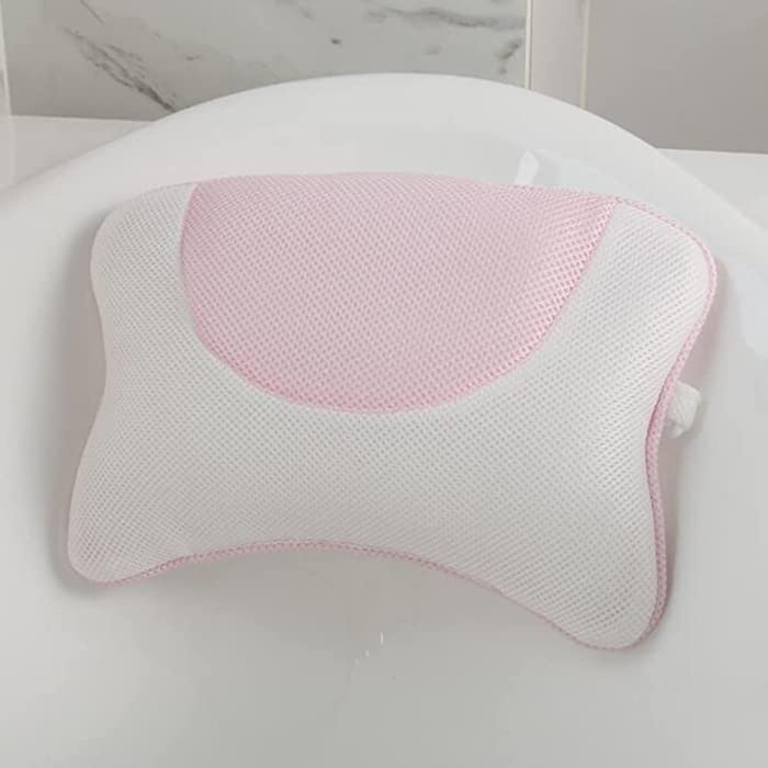 ZQXJBM Breathable 3D Mesh Bath Pillow Spa Massage Pillow with 4 Non Slip Suction Cups Bath Cushion for Head Neck Support, Best Bathing Partner,Pink