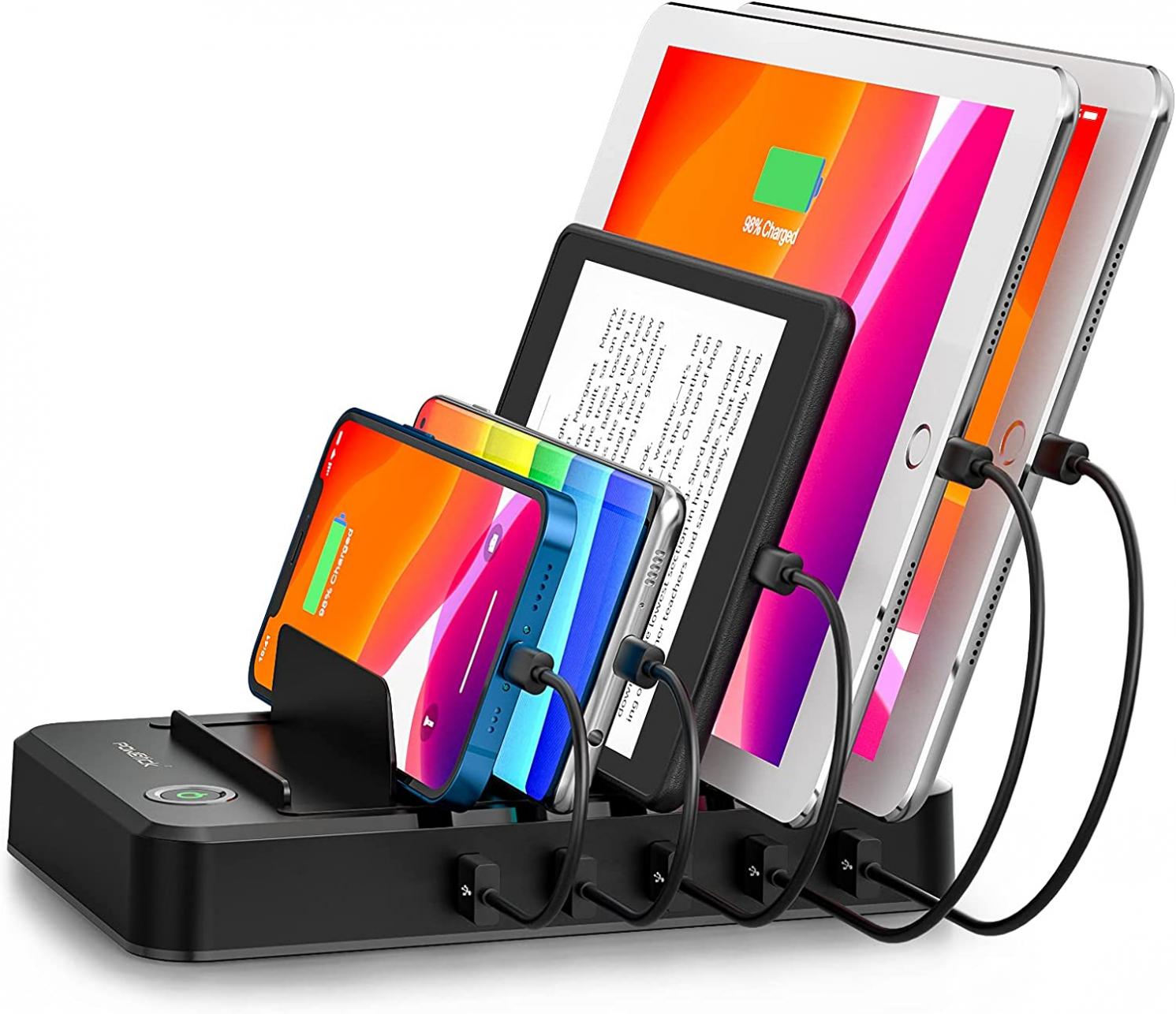 Charging Station for Multiple Devices 5 Ports with 6 Mixed Charging Cables Multi USB Charger Station Organizer for Cell Phones Tablets Tab Electronics Tech Gadget