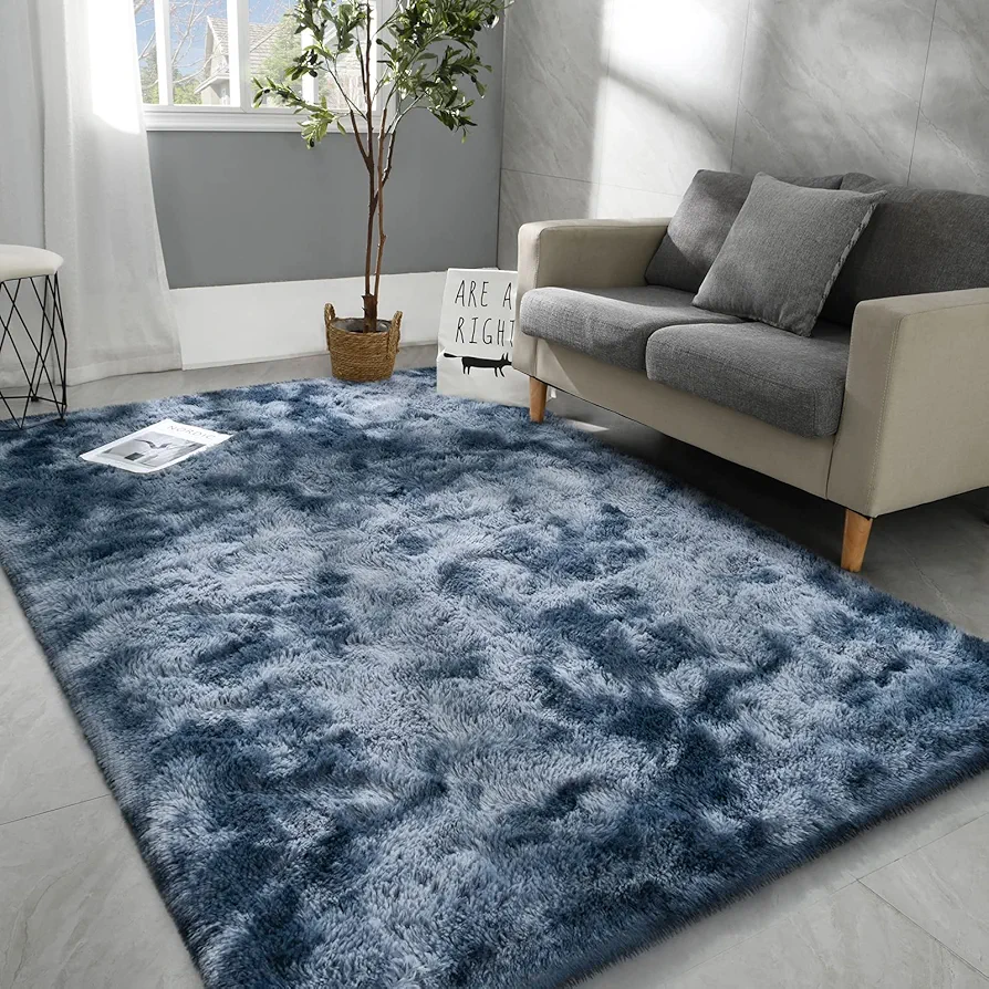 4x6 Large Area Rugs for Living Room, Super Soft Fluffy Modern Bedroom Rug, Tie-Dyed Blue Grey Indoor Shag Fuzzy Carpets for Girls Kids Nursery Room Home Decor