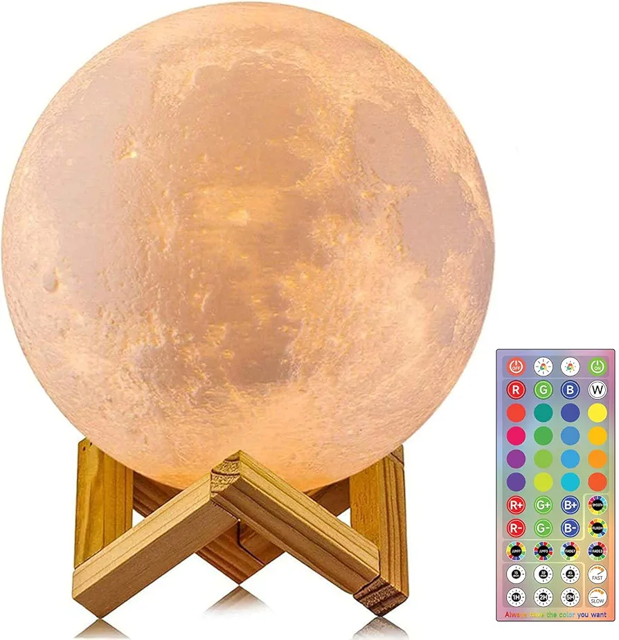 CPLA 6.1 inch Moon Lamp 2024 Upgrade 128 Colors Room Decor Home Decor- 3D Printing Moon Night Light for Kids Adults- Gifts for Girls Boys Men Women Birthday- Wooden Stand & Remote/Touch Control