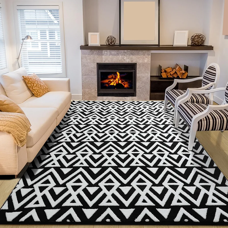 Geometric Shag Area Rugs for Bedroom Living Room, 3x5 Feet Machine Washable Small Rug Memory Foam Fluffy Carpet for Kids Room Dorm Nursery Bedside Play Mat Accent Home Decor, Black