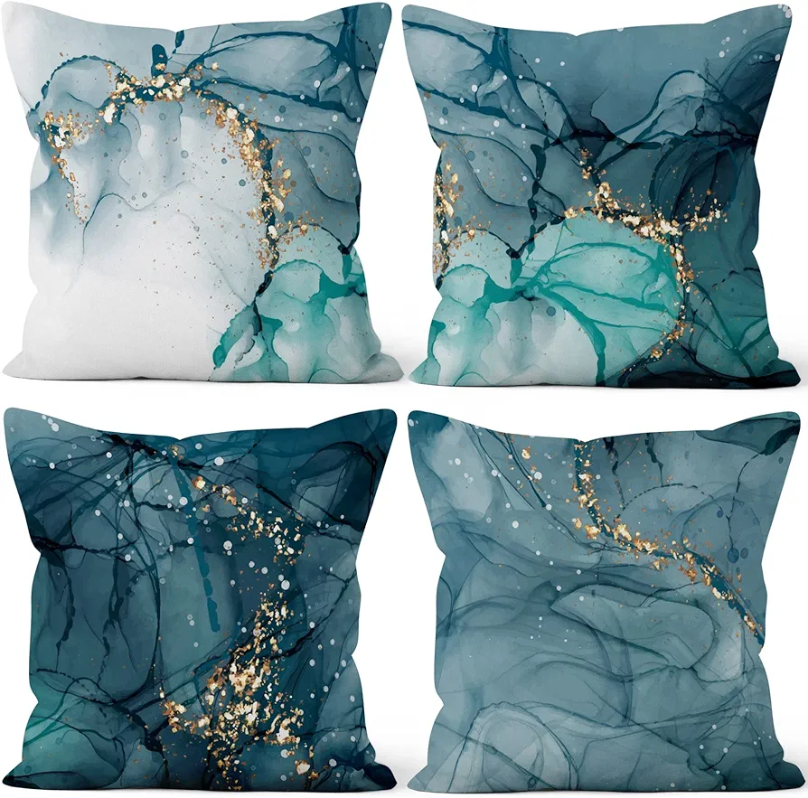 Decorative Pillows for Couch Set of 4,Gold and Teal Marble Throw Pillow Covers 18x18,Abstract Pillowcases for Sofa and Living Room