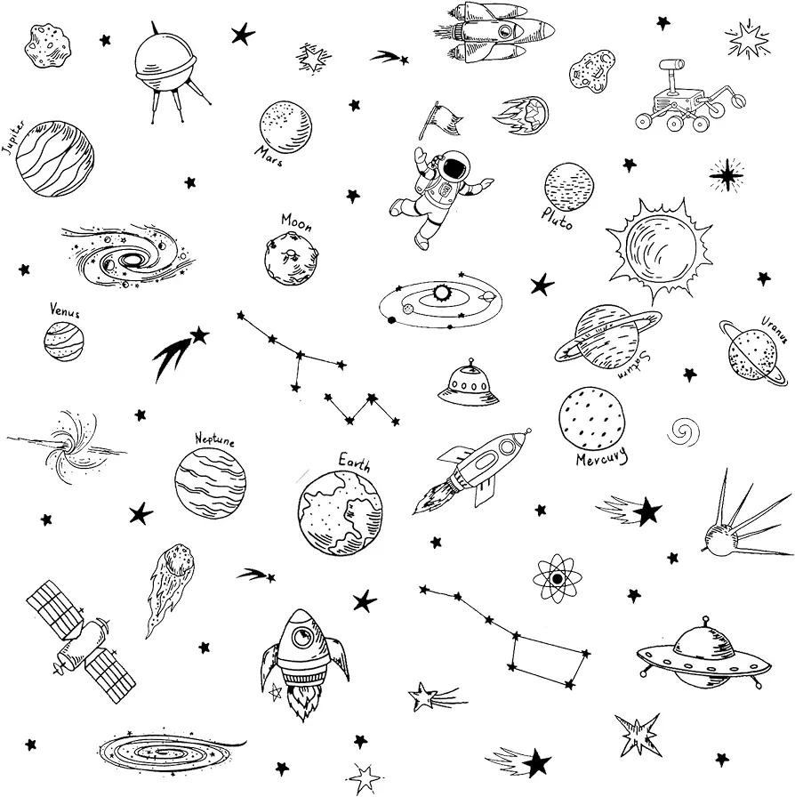 Maydahui Outer Space Stars Planets Wall Stickers Rockets Astronaut Vinyl Wall Decals (47" x 51") Peel & Stick Removable Boys Room Wall Decor Decals for Kids Bedroom Nursery Classroom (Black)