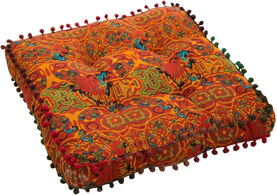 Moroccan Printed Square Chair Pads Cotton Linen Soft Comfort Chair Cushion Colorful Pompom Seat Cushions for Indoor Dining Room and Kitchen Chairs (Orange,16x16 Inch)