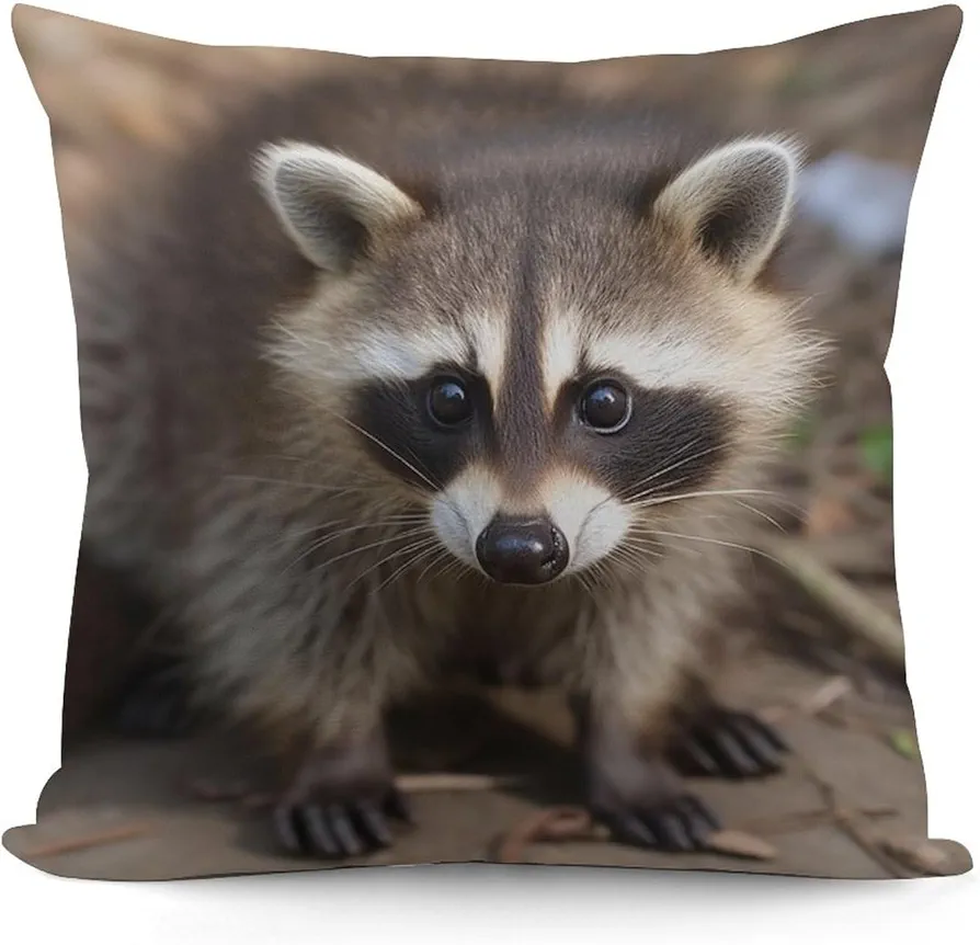 Throw Pillow Cover Soft Plush Pillowcase with Invisible Zipper Cub Raccoon Decorative Couch Pillow Case 18'' X 18'' Cushion Cover for Sofa Living Room Bedroom Patio