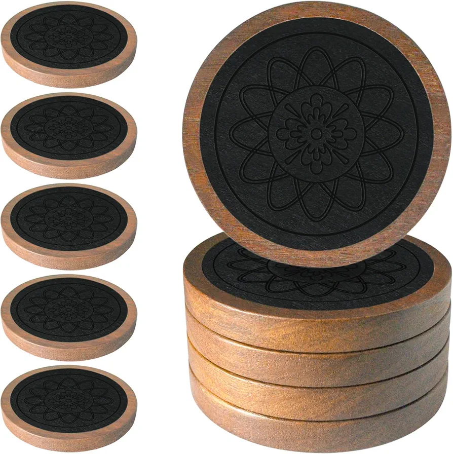 Wood Coasters for Drinks, EDEGG Absorbent Coaster Sets of 5, Drinks Coasters for Coffee Tabletop Protection, Non-Slip, Non-Stick, Suitable for Kinds of Cups Wooden Table Drink, 4.3 Inches Black