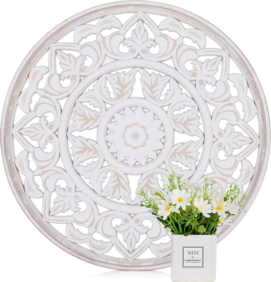 Hanobe Large Round Tray Decor: Decorative Boho 18 Inch Farmhouse Centerpiece for Living Room - Rustic White Washed Ottoman Trays for Coffee Table Home Decoration