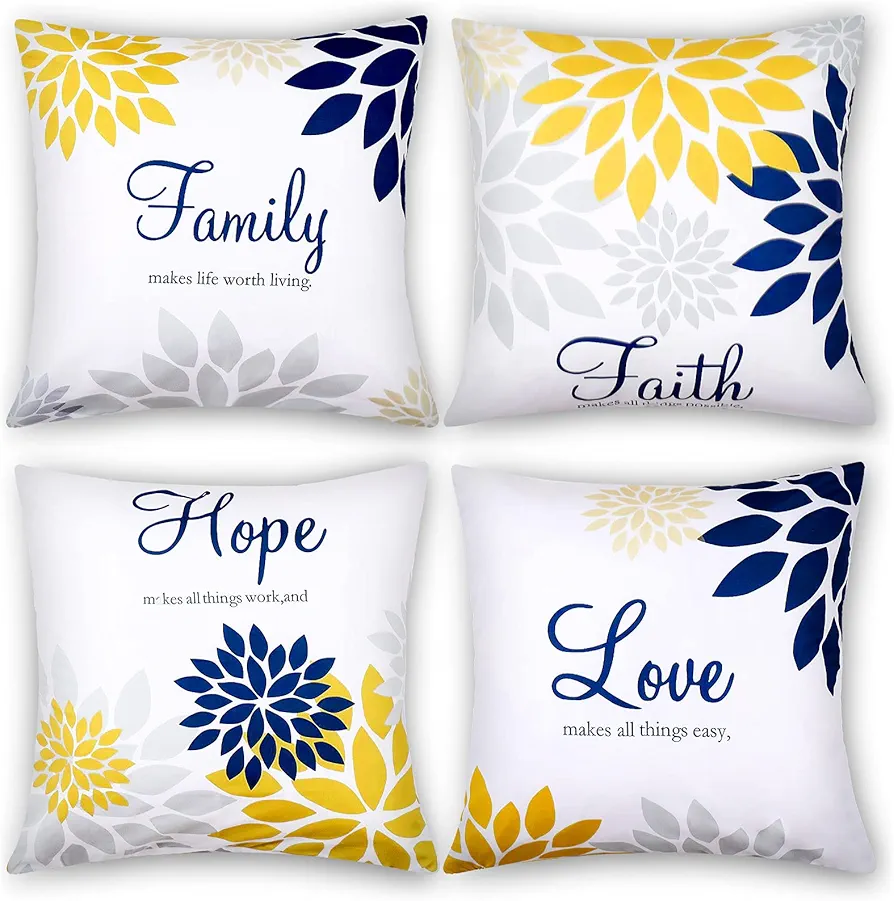 Tatuo 4 Pcs Yellow Flower Navy Pillow Covers Square Pillow Cushion Cases 18x18 Inch, Family Faith Hope Love Words Pillow Cases Decorative Spring Summer Pillow Case for Sofa Bed (Yellow Series)