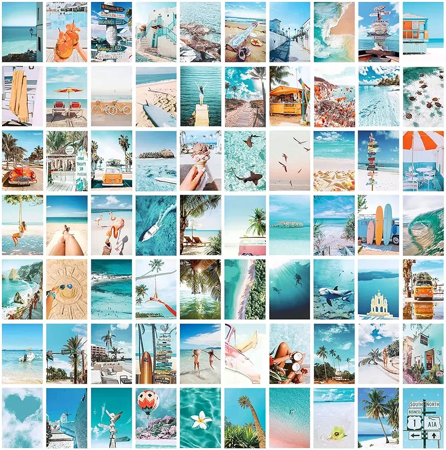 LIIGEMI 70PCS Blue Wall Collage Kit Aesthetic Pictures,Summer Beach Collage Print Kit,Bedroom Decor for Teen Girls,VSCO Girls Bedroom Decor, Room Decor Aesthetic,Double- Sided,70 Set 4x6 Inch