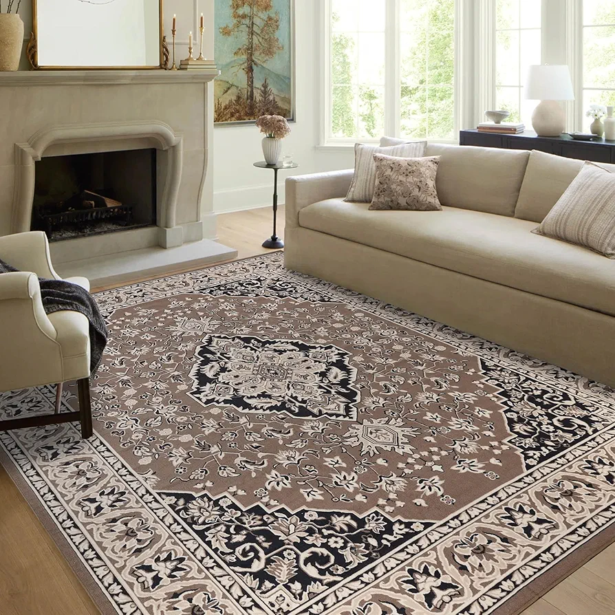 Superior Indoor Area Rug, Plush Carpet Cover, Traditional Oriental Medallion, for Kids or Pets, Hallway, Entry, Living Room, Dining, Bedroom, Office, Kitchen, Glendale Collection, 12' x 15', Brown