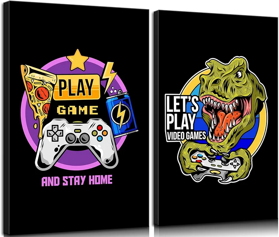 Framed Gaming Wall Art for Teen Boys Room Gamer Posters Decor for Bedroom Video Game Black Posters Dinosaur game Handle Picture Prints Gamer Gifts - 12x16in