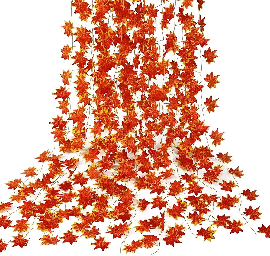 Sggvecsy 12 Pack 92Ft Fall Leaf Garland Artificial Maple Leaves Garland Silk Autumn Hanging Vines Red Ivy Garland for Thanksgiving Home Wedding Party Garden Fireplace Christmas Decor