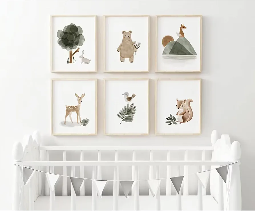 Woodland Nursery Wall Art Decor Set of 6 Animal Canvas Wall Decor Pictures Baby Room Neutral Wall Art Boho Painting Kids Deer Art Prints Nursery Sage Green Artwork for Bedroom 8x10 Inch Unframed