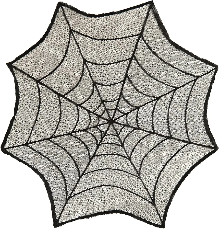 Fun Costumes Halloween Spider Web Round Table Cover Indoor Decoration, Black Lace Mantle Topper Room Display Standard