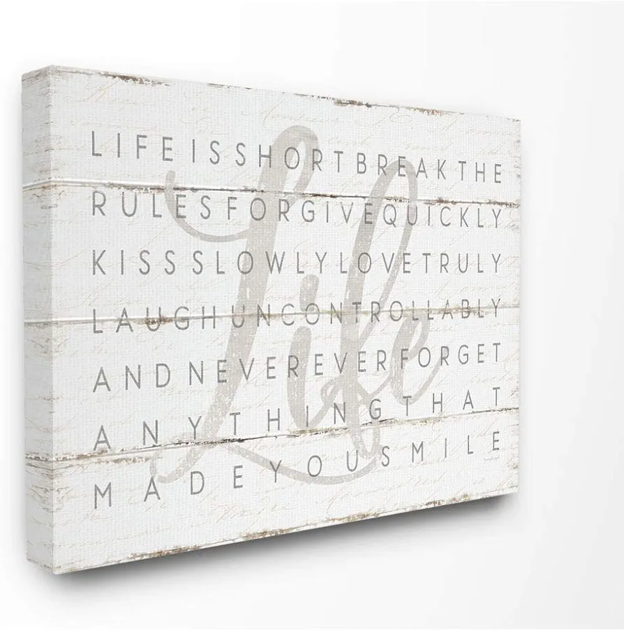 Stupell Industries Life Is Short Smile Grey on White Planked Look Canvas Wall Art, 24x30, Design by Artist Jennifer Pugh