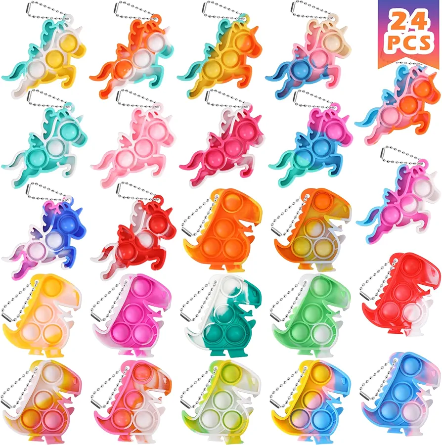 Dinosaur Party favors Unicorn Party Favors 24 Pack Pop Dinosaur Unicorn Keychains It Party Favors for Kids 4-8 Fidget Toys Bulk Its Goodie Bags Stuffers Birthday Classroom Small Mini Prizes Boys Girls