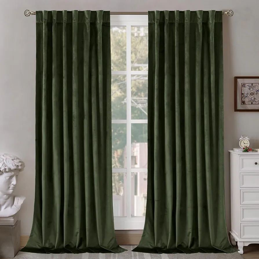 BGment Olive Green Velvet Curtains 84 Inches for Living Room, Thermal Insulated Blackout Curtains Room Darkening Drapes with Back Tab and Rod Pocket for French Door, Set of 2 Panels, 52 x 84 Inch