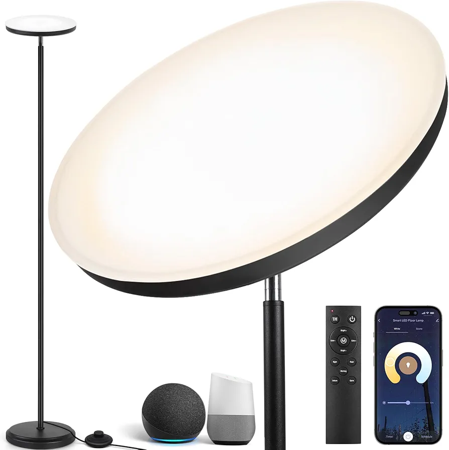 OUTON Smart LED Floor Lamp, 50W Dimmable Super Bright Torchiere Sky Lamp, Compatible with Alexa Google Home, WiFi Remote Control, Tall Standing Lamp for Living Room, Bedroom, Office (Black)