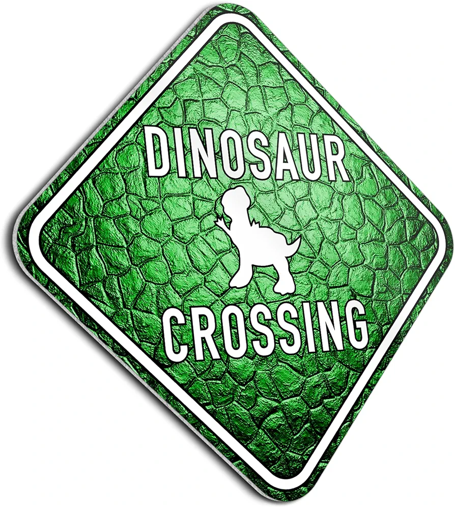 Dinosaur Room Decor for Boys & Girls 14" x 14" - Dinosaur Crossing Funny Sign for Dorm, Bedroom, Classroom