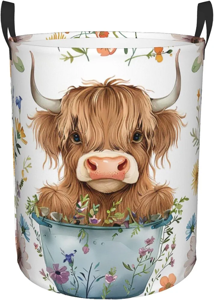 Cute Highland Cow Animal Laundry Basket, Foldable Waterproof Storage Basket with Handle for Clothes Storage/Toy Storage/College Dormitory/Home Decoration