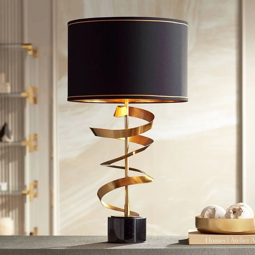 Possini Euro Design Twist Modern Table Lamp 31" Tall Sculptural Brass Gold Metal Marble Black Drum Shade with Gold Liner Decor Bedroom Living Room Nightstand Bedside Night Stand Office Kids Room