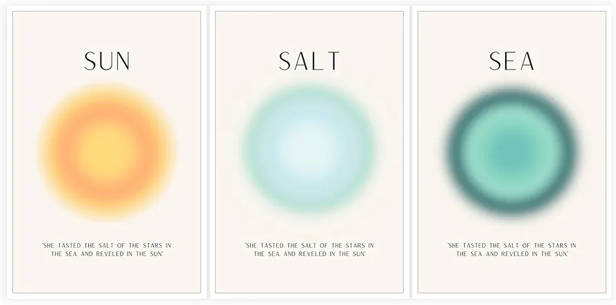 Sun Salt and Sea Aura Posters 3 Set Colorful Abstract Aura Mind Body Soul Wall Art Minimalist Beachy Art Prints Trendy Ocean Posters Surf Wall Art Aesthetic Decor Bedroom Yoga 12x16in Unframed