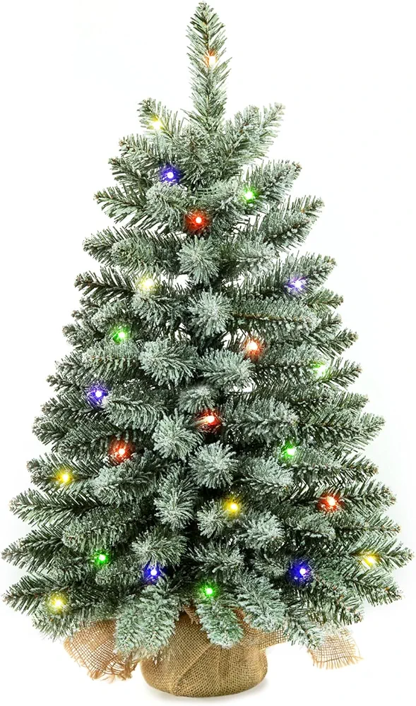 2 ft Mini Christmas Trees with 25 F5 LED Lights, 24" Decorated Burlap Artificial Tabletop Christmas Trees Home Party Decoration for Kitchen Dining Room Window