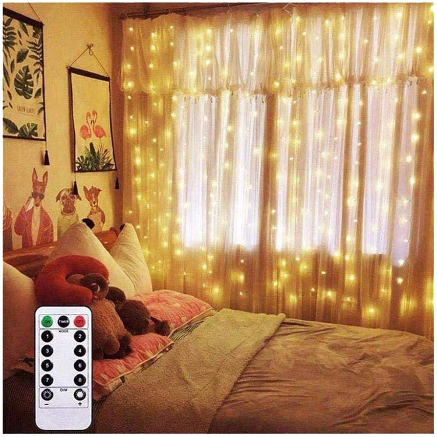 Curtain Lights 6.5ft x 6.5ft Warm White Backdrop LED Window Fairy String Lights Battery Operated with 8 Modes Remote Control Timer for Bedroom Wedding Party Christmas Indoor Outdoor