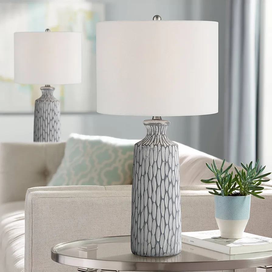 360 Lighting Patrick Modern Coastal Table Lamps 26 1/4" Tall Set of 2 White-Washed Gray Geometric Ceramic White Drum Shade for Bedroom Living Family Room Bedside Nightstand House Home Office