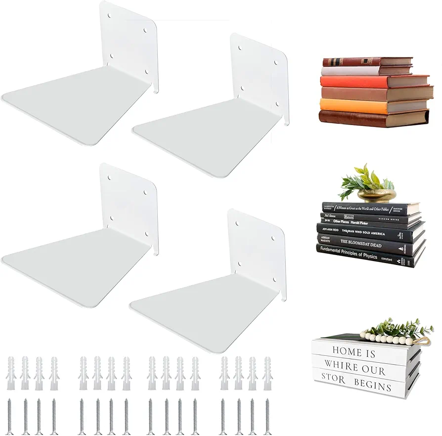 Invisible Floating Bookshelf - Modern White Wall Mount Metal Shelves for Room, Bedroom Bookcase, Small Bookshelf with Minimalist Design, Sleek Storage for Books & Decoratives（4PCS）