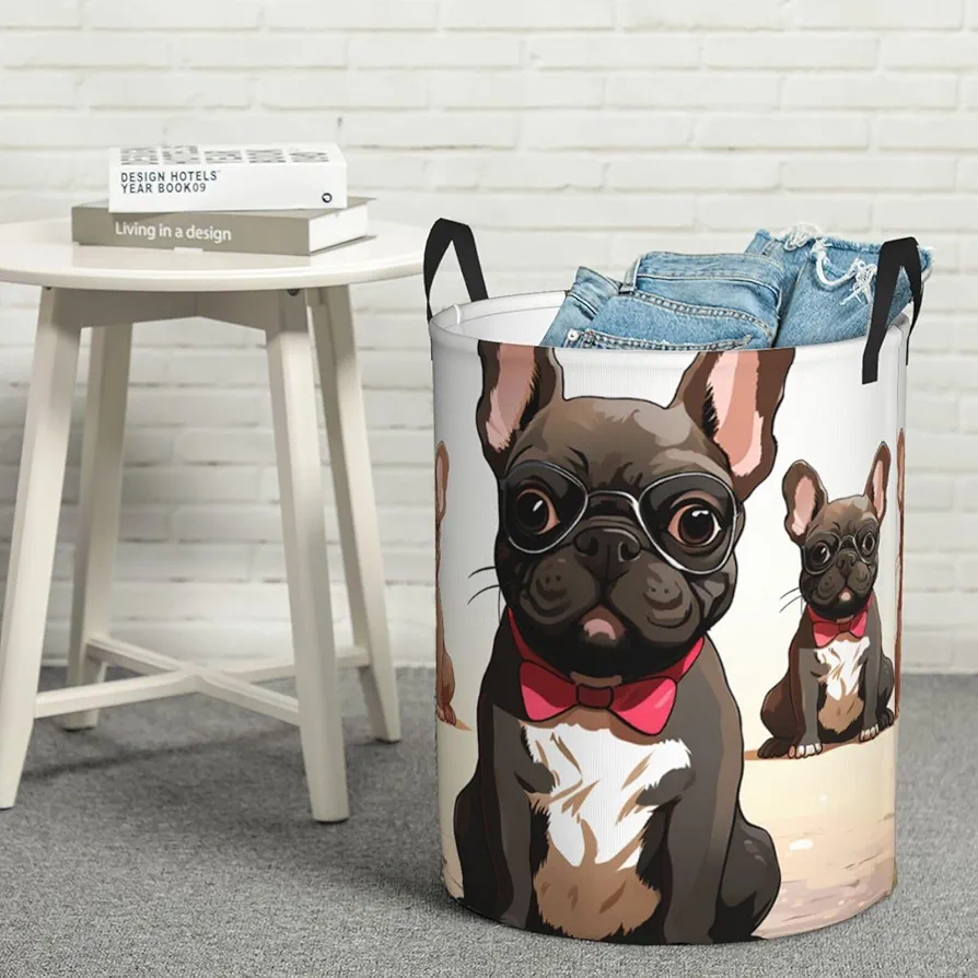 Laundry Basket Waterproof Laundry Hamper With Handles Dirty Clothes Organizer Cartoon Dog French Bulldog Print Protable Foldable Storage Bin Bag For Living Room Bedroom Playroom, Small, Black