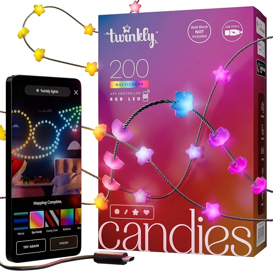 Twinkly Strings Star 200 LED, Star-Shaped LED Light String, RGB Multicolor LED Lights, Compatible with Alexa, Google Home, Gaming Lights, USB-C Power, Green Wire, 2 x 19.7ft