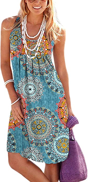 Jouica Women's Casual Summer Tank Sleeveless Knee Length Pleated Sun Dresses with Pockets