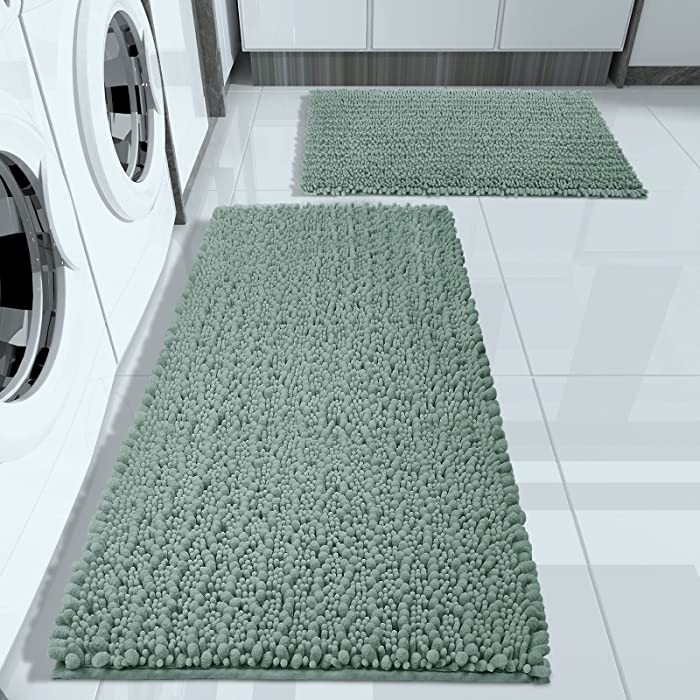 Yimobra Chenille Bathroom Rugs Sets 2 Piece, Thick Absorbent Large Plush Rugs, Extra Soft Shaggy Bath Room Floor Mats, Non Slip, Machine Washable, Quick Dry 24 x 17 + 44.1 x 24 Inches, Greyish-Green