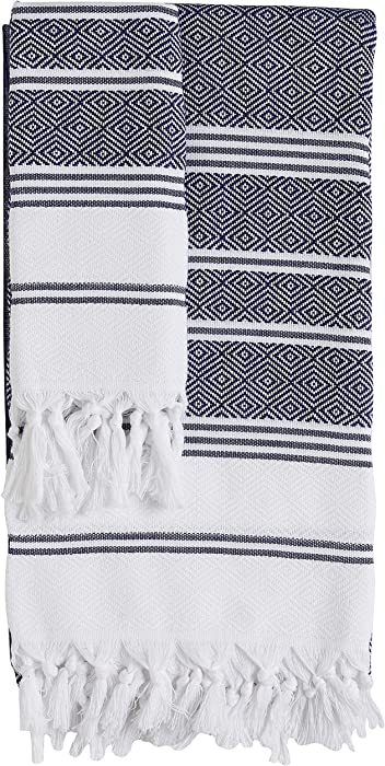 (Set of 2) Turkish Cotton Bath Beach & Hand Face Towel Set (Navy & White)