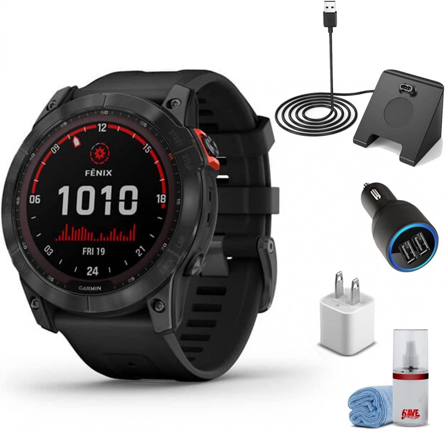 Garmin Fenix 7X Solar Edition Smart Watch Slate Gray with Black Band (51mm) + Watch Charging Stand + USB Car/Wall Adapter + 6TH AVE Cleaning Kit (010-02541-00)