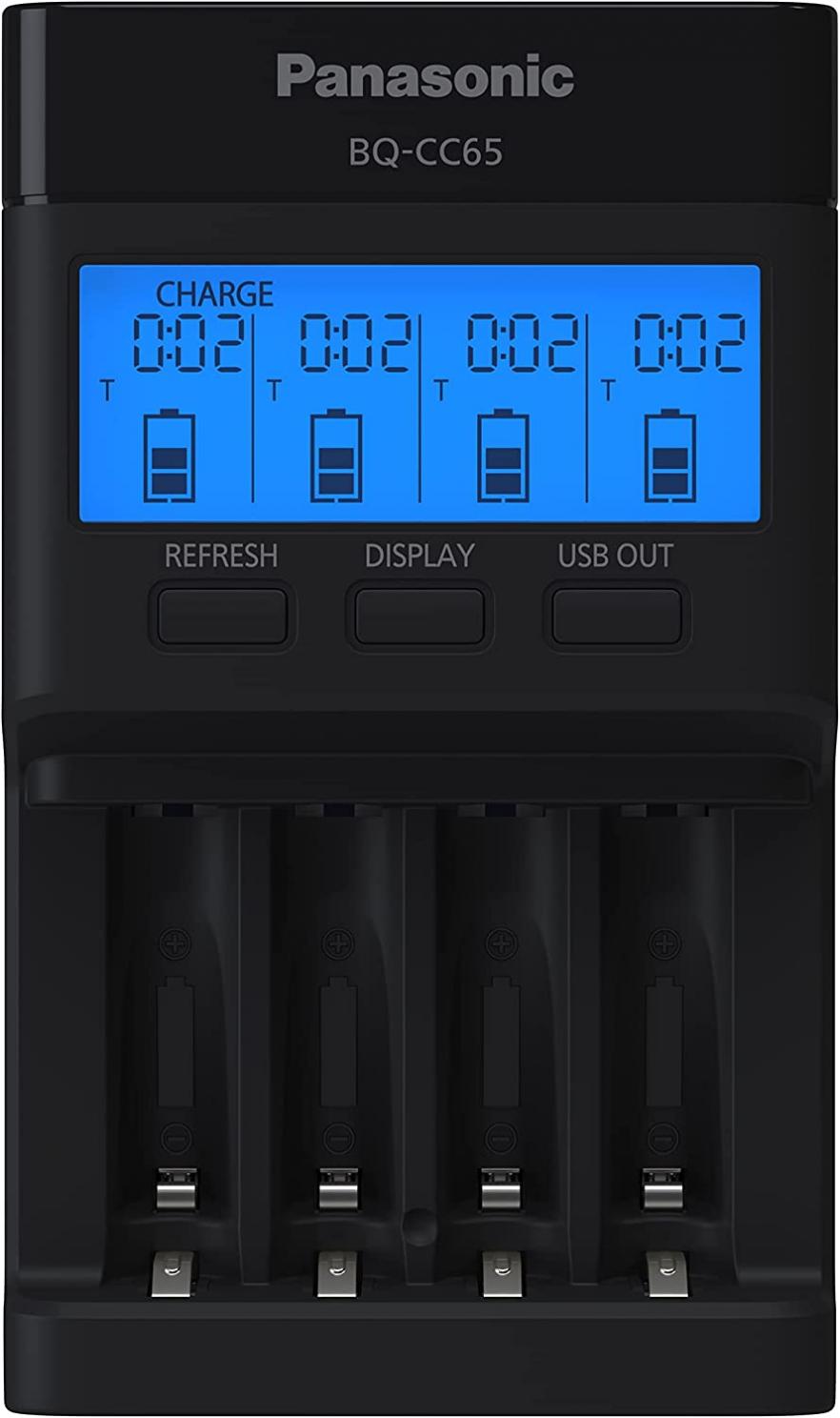 Panasonic BQ-CC65AKBBA Super Advanced eneloop pro and eneloop 4-Position Quick Charger with LCD Indicator Panel and USB Charging Port, Black