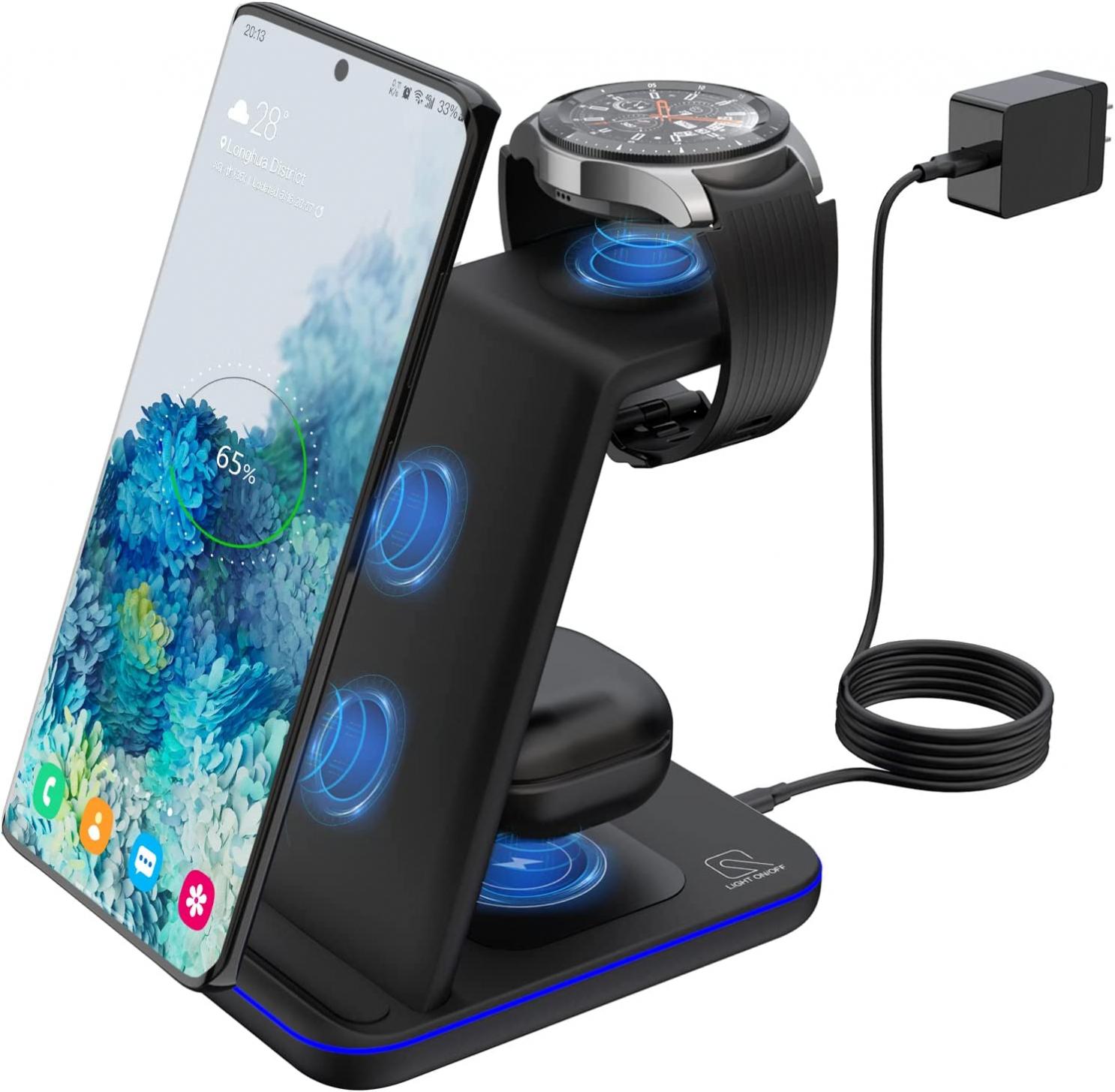 Wireless Charger, ZHIKE 3 in 1 15W Fast Charging Qi-Certified, Compatible with Samsung Galaxy S22/S21/S20/S10/Note 20/10，iPhone 13/12/11，Galaxy Watch 3/Active 2 and Buds(Not for Apple Watch)