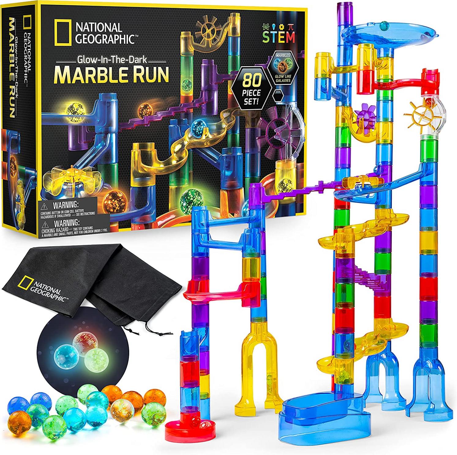 NATIONAL GEOGRAPHIC Glowing Marble Run – 80 Piece Construction Set with 15 Glow in the Dark Glass Marbles & Mesh Storage Bag, Educational STEM Toy, an AMAZON EXCLUSIVE Science Kit