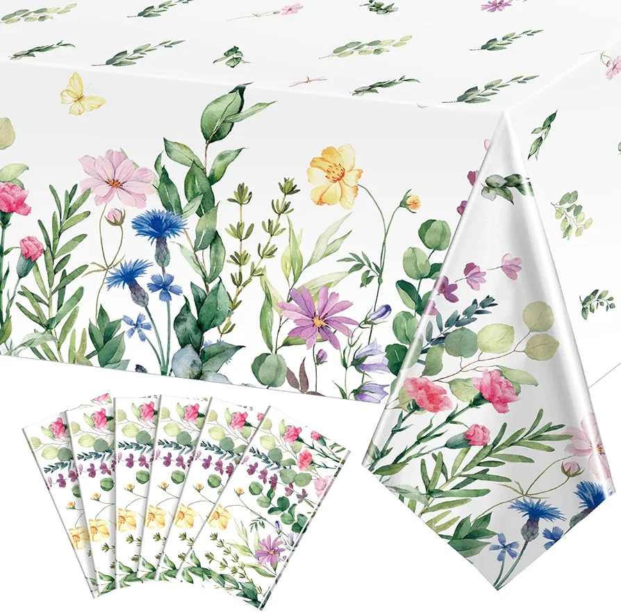 Spring Summer Floral Table Cover Watercolor Wild Flowers Tablecloth Plastic Floral Tablecloth for Easter, Dining Kitchen Room Picnic Camping Party Holiday Decor, 54 x 108 Inch (Vivid Style,6 Pieces)