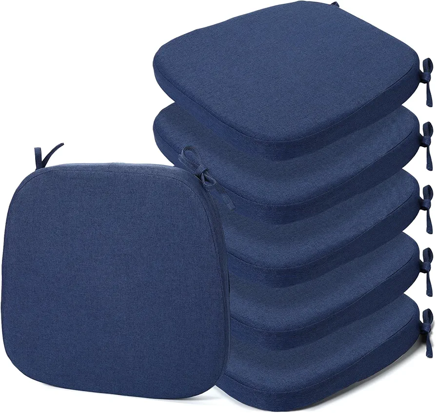 6 Pcs Dining Room Chair Cushions with Ties 17 x 16.5 x 2 Inch Kitchen Chair Pad with High Density Sponge Seat Cushion Removable Chair Cover Machine Washable (Dark Blue)