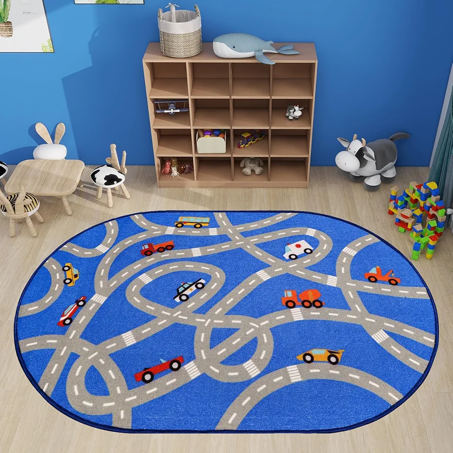 Kids Rug Car Play Mat for Toy Cars, Nylon Road Traffic 39.4"×59" for Playroom Kid Car Road Rugs Play Mat Non-Slip Washable Car Rug for Baby Toddlers Boys Room Family Tummy Time Playtime Blue