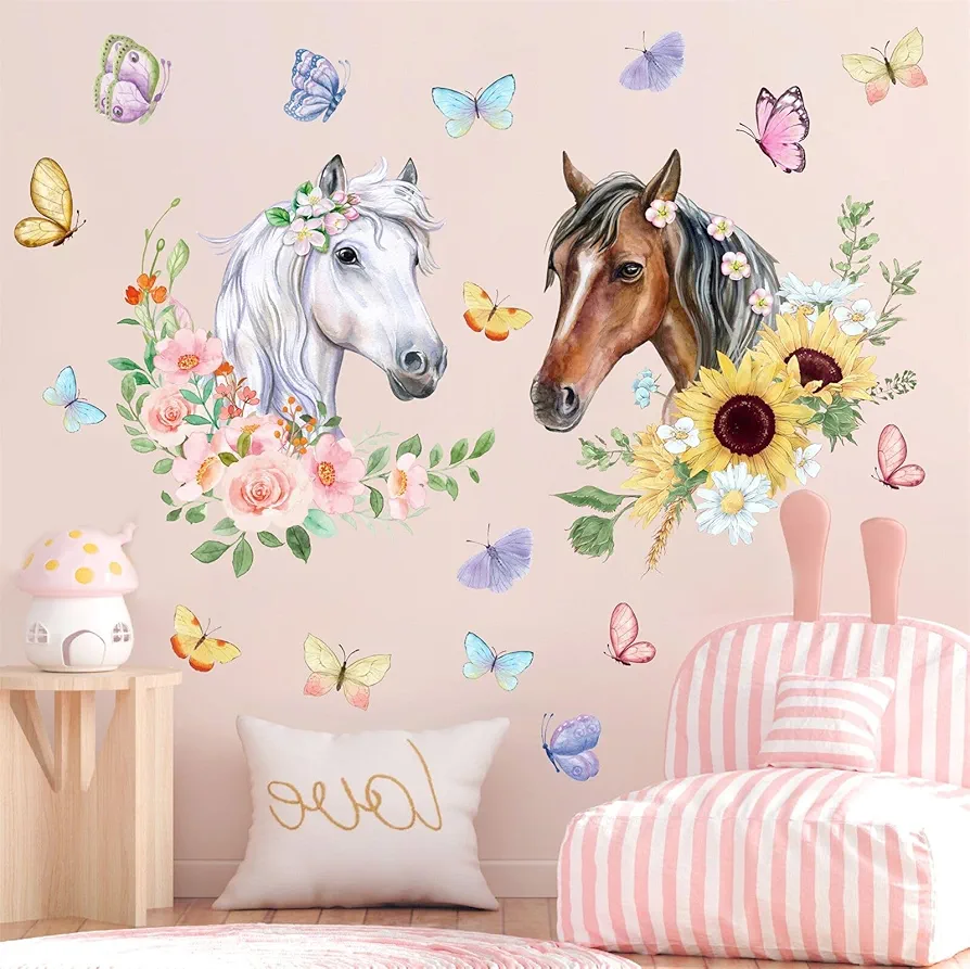 Horses Wall Decals Farm Animal Stickers Peel and Stick Decals Wild Horse Decor for Baby Girls Bedroom Butterfly Flower Wall Stickers Floral Art Mural for Living Room Kids Nursery Farmhouse Decor Gift