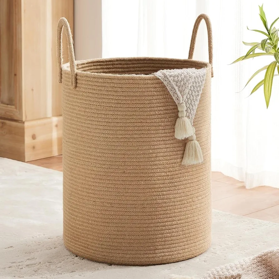 Jute Rope Woven Laundry Basket by TECHMILLY, 58L Baby Nursery Hamper for Clothes Blanket Storage, Large Tall Laundry Hamper for College Dorm, Bedroom, Living Room, Brown