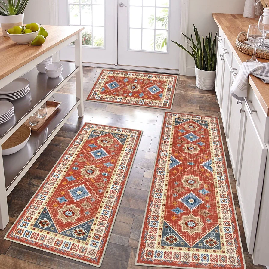 HEBE Boho Kitchen Rug Sets 3 Piece with Runner Non Slip Kitchen Rugs and Mats Washable Kitchen Mats for Floor Thick Kitchen Floor Mat Carpet Runner Rugs for Hallway Laundry Holiday Decor