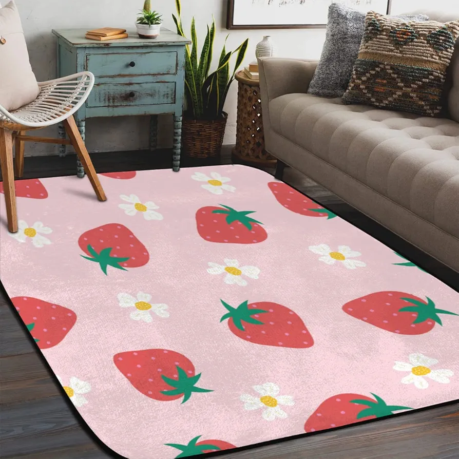 5' x 7' Cartoon Cute Strawberry Super Soft Area Rug for Kids Baby Nursery, Carpets for Entryway Living Room Kids Room, Room Decor for Baby